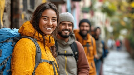 Happy hikers posing, city street, autumn, travel group