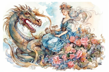 Obraz premium princess and dragon among flowers on a white background., watercolor style, Generative AI
