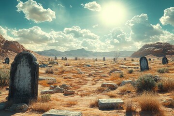Desert cemetery, sunlit graves, arid landscape, western setting; ideal for film, game, or book cover