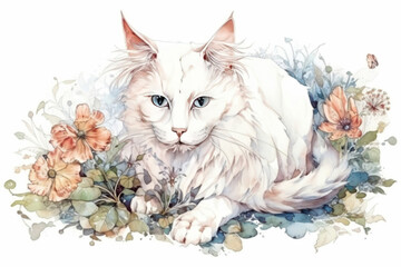 beautiful fluffy white cat and flowers on a light background., watercolor style, Generative AI