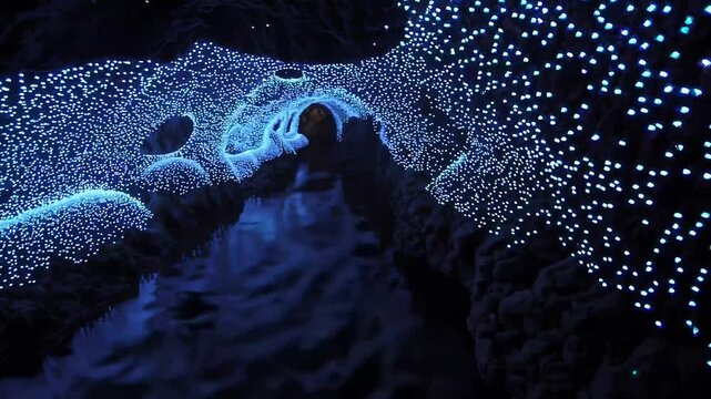 Enchanting glowworm cave with twinkling bioluminescent lights and serene atmosphere