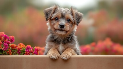 Happy puppy autumn garden portrait, floral backdrop