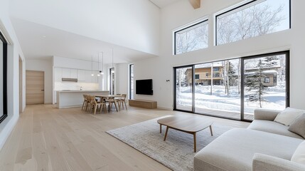 Modern minimalist living room, snowy view, winter home
