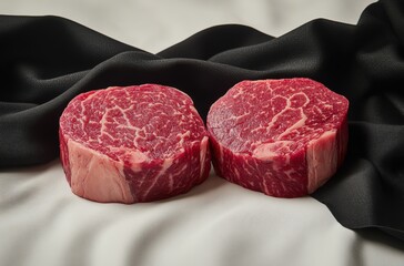 Two cuts of marbled steak rest on luxurious black fabric, showcasing their rich texture and vibrant color, ideal for high-end culinary creations