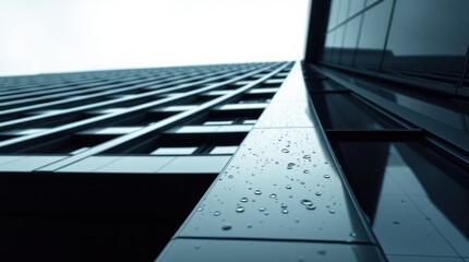 Close-up of a modern glass building with reflection of the sky and droplets on window