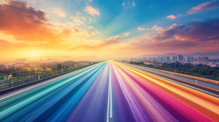 Obraz premium Colorful Highway Leading to Cityscape at Sunset with Vibrant Gradient