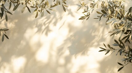 Olive leaves on wall. Wall with a beige and pastel color palette. Concept olive tree with a branch and a silhouette. Leaves of olive on a lifestyle wall.