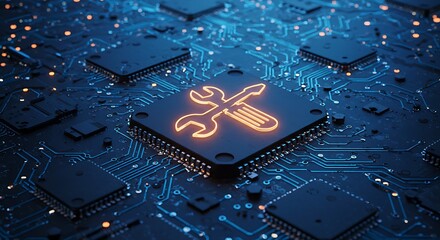 Chip Repair Service Icon on Motherboard with Circuitry and Glow