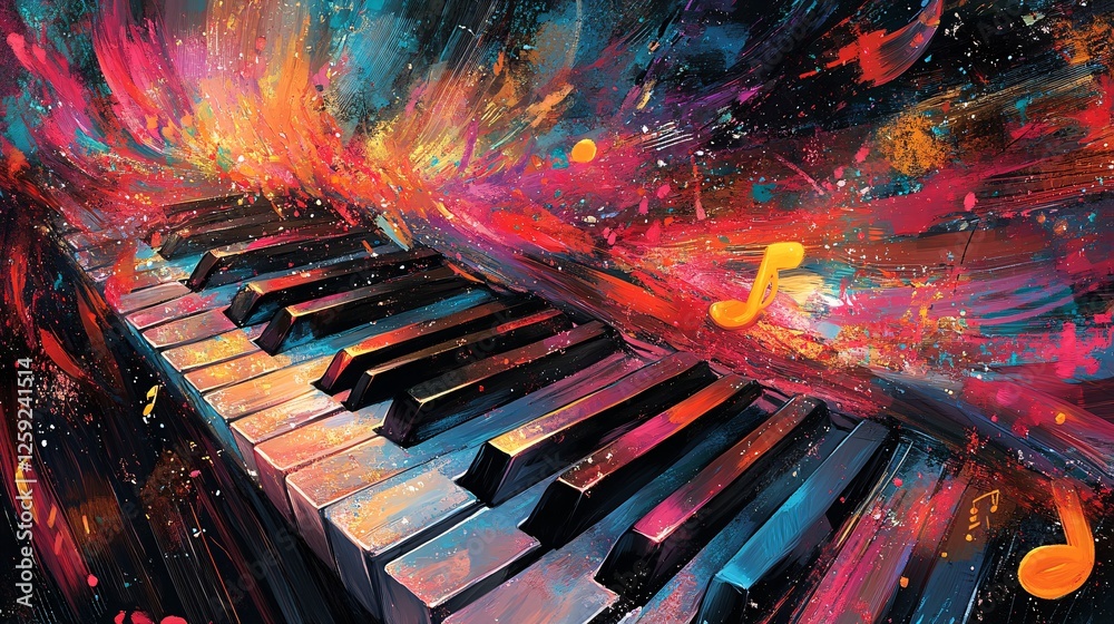 Poster colorful piano keys floating on a musical notes background