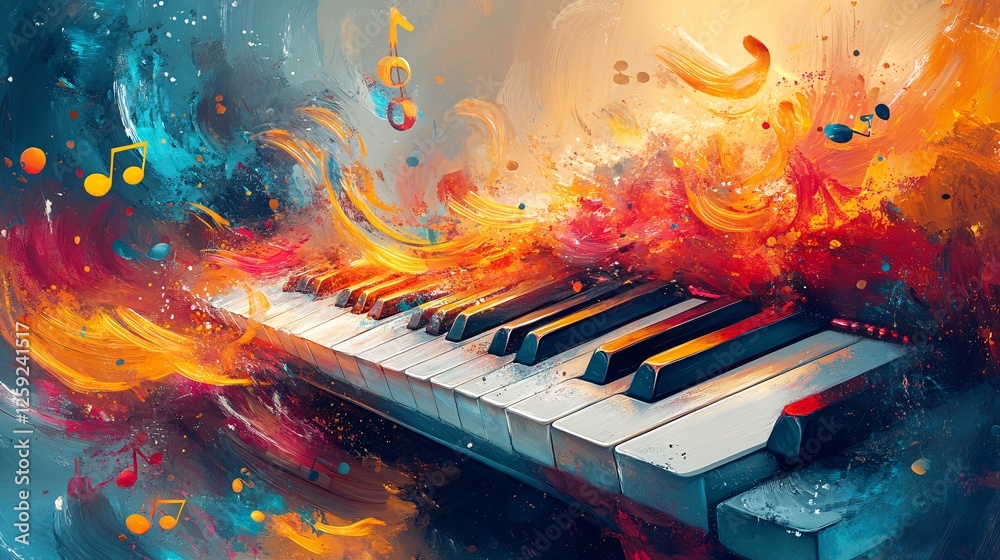 Aufkleber piano keys exploding with colorful passionate music notes background