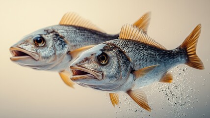 Fototapeta premium Two bass fish swim in clear water, displaying their shimmering scales and distinctive fins. The smooth movement highlights their grace and natural environment, emphasizing their beauty