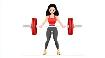 Confident Woman Lifting Heavy Barbell in Fitness Attire with Bright Red Weights in Modern Graphic Style