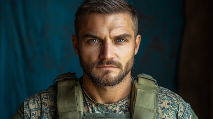 portrait captures man high and tight military haircut featuring ultra short sides and aggressive fade. His strong jawline contributes intense gaze and confident demeanor.
