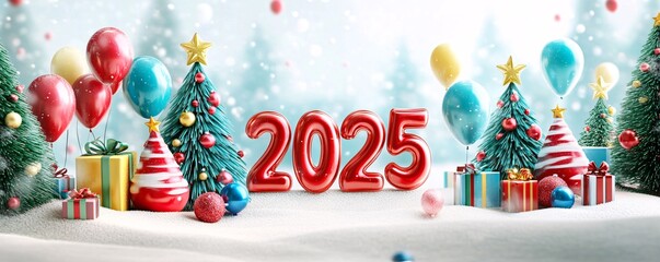 Obraz premium Christmas snow globe celebrating new year 2025 with presents and balloons