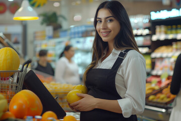 Pregnant Woman Shop Assistant Confidently Handling Cash Register While Balancing Career and Motherhood in a Feminist Workplace Setting
