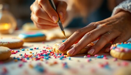 Obraz premium Decorating Cookies with Sprinkles and Icing Homemade Baking Fun