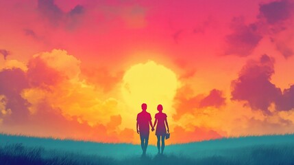 Fototapeta premium Couple holding hands walking toward sunset beautiful sky silhouette art style