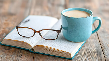 Naklejka premium Coffee, book, glasses on wood table. Relaxing morning read