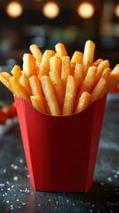 A red container overflows with golden, crispy french fries, seasoned lightly and ready to be enjoyed. The blurred backdrop enhances the focus on the tasty treat