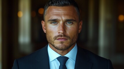 man classic Ivy League haircut poses confidently against soft lit minimalist backdrop. His neatly combed hair and sharp attire exhibit refined elegance and professionalism.
