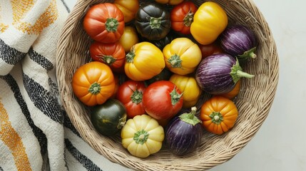 Vibrant Assortment of Colorful Heirloom Tomatoes in a Basket