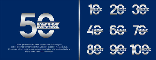 set of anniversary logo flat silver color on blue background for celebration moment
