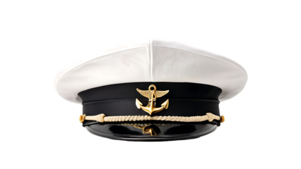 White naval officers cap with a gold anchor suitable for military or nautical themes, uniforms, historical or retro designs, and vintage fashion projects.