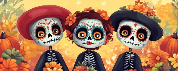 Three skeletons celebrating dia de muertos with pumpkins and flowers