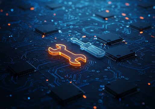 Digital Circuit Board Repair Concept with Screwdriver and Wrench Icon - Powered by Adobe