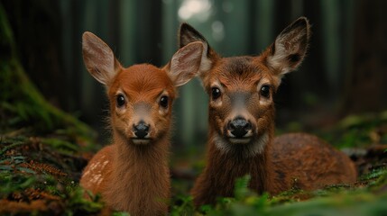 Fototapeta premium Two fawns in forest, looking at camera. Nature background, wildlife photography