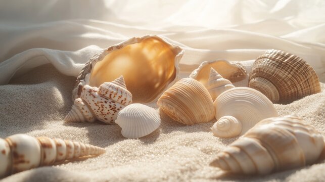 Artistic photo of a collection of seashells and sand arranged on a beach towel. Soft sunlight enhancing the textures. Emphasizing beach life and nature. Perfect for beach and nature content.