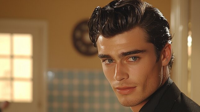 stylish individual showcases 1950s inspired greaser haircut highlighting shiny pomade finish and sleek structure against warm retro setting filled nostalgia and confidence.