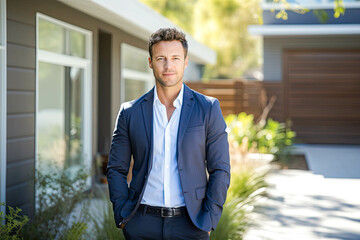 Confident American male real estate agent stands proudly outside a modern home, radiating expertise and approachability, ready to assist potential buyers
