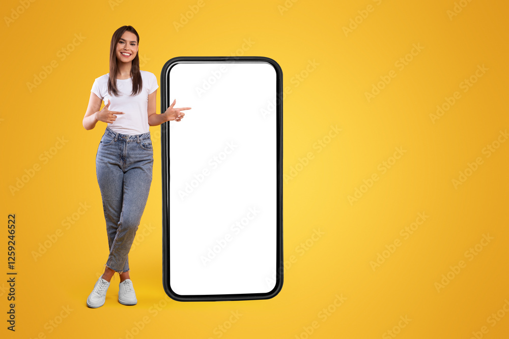 Poster mobile app advertisement. full body length of happy woman showing pointing at big huge white empty s