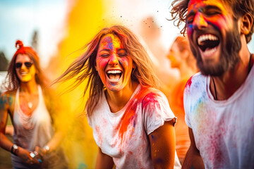 Obraz premium crowded group of young people dancing cheering and celebrating on a summer festival outside in the day time. laughing screaming and being happy and having fun, throwing colors