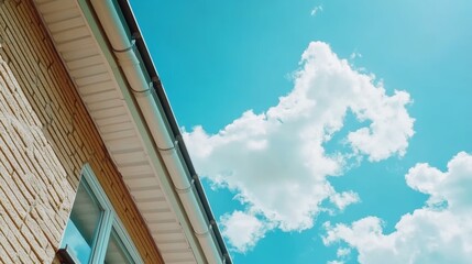 Bright blue sky with fluffy clouds above a building's edge during a sunny day in a suburban neighborhood
