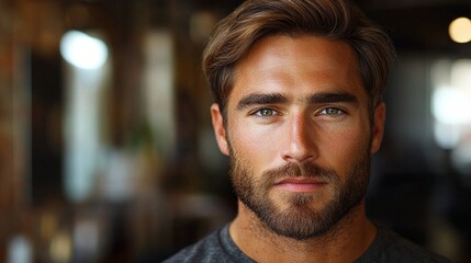 Fototapeta premium gentleman displays refined appearance classic British haircut featuring sleek side part and layered cut. modern barbershop provides clean backdrop for aesthetic.
