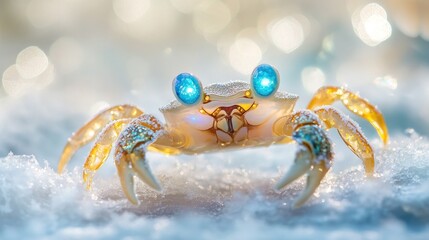 Fototapeta premium Glowing crab on snowy beach, bokeh background, winter wonderland, holiday card