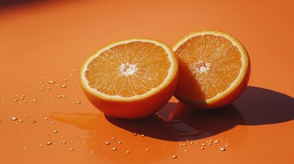 Juicy orange halves on vibrant orange background, water droplets, sunlight