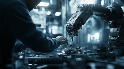 Man working on machine. Robotic engineer calibrating a robot. Armed force of a manufacturing facility. A person lifestyle operating a machine.