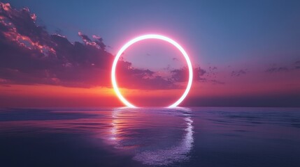 Glowing neon ring sunset ocean backdrop