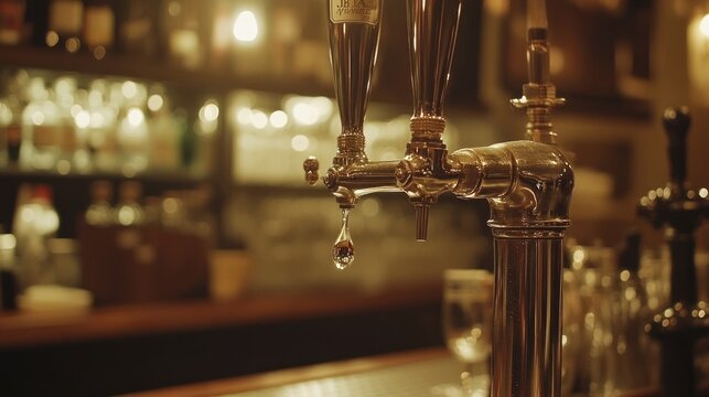 Golden beer tap dripping, dimly lit bar, bottles blurred background, pub menu