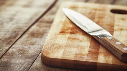 Kitchen knife rests on wooden cutting board, rustic table background, food prep