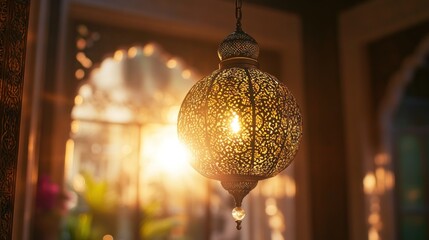 Ornate lantern glows, hanging in sunlit interior, Middle Eastern architecture backdrop, Ramadan decor