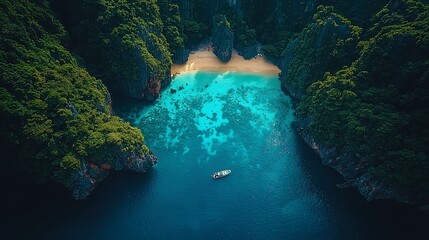 Aerial view of a serene tropical bay with a small boat near a sandy beach and lush cliffs