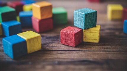 Building blocks on a wooden table. Featuring colorful wooden blocks arranged creatively. Highlighting childhood creativity and play. Ideal for educational content.