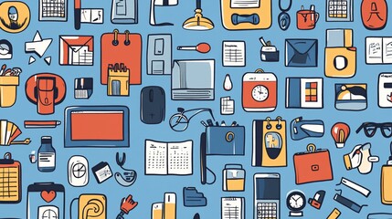 Office Supply Items and Business Object Seamless Pattern on Blue Background