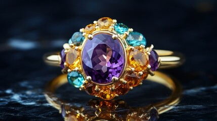 Amethyst ring, gold, gemstones, dark background, jewelry advertising
