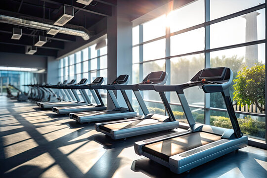 interior of a modern fitness center gym club with a workout room with treadmills on a sunny day in the morning