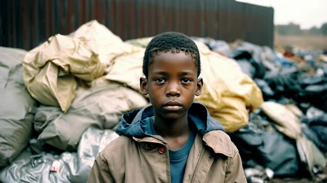 Serious Black Child posing in a third world country public dump looking at the camera	
